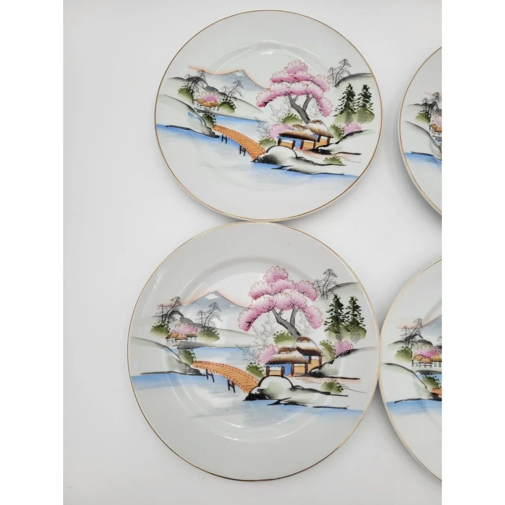 Set of 5 Vintage Kutani Japan KUT21 salad plates pink textured trees bridge gold